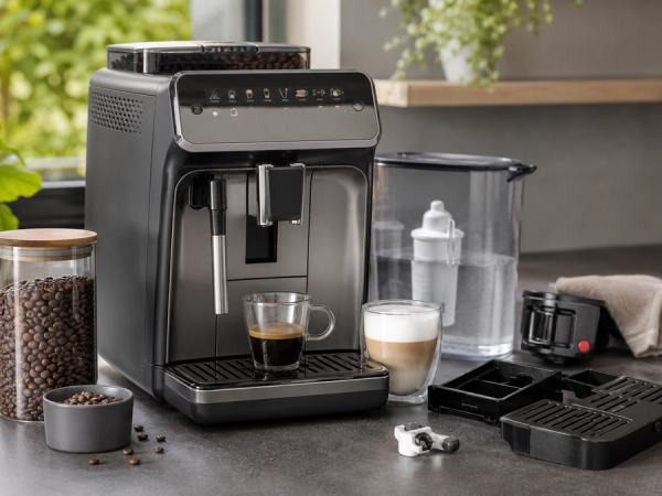 Premium bean-to-cup coffee setup showing beans, milk workflow and cleaning components