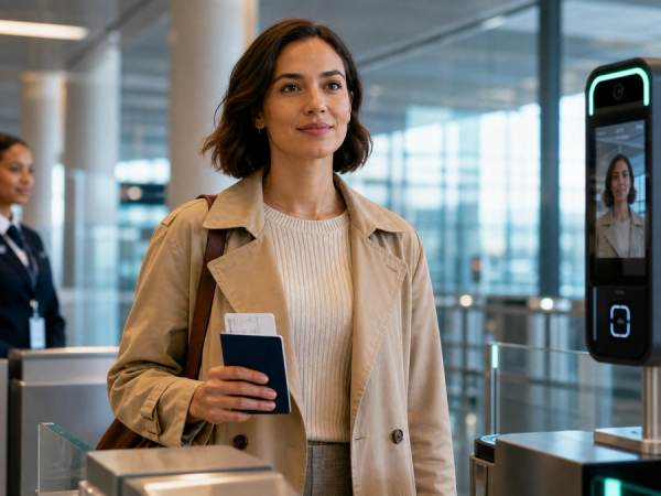Air traveller approaching a biometric identity lane while keeping passport and boarding pass ready