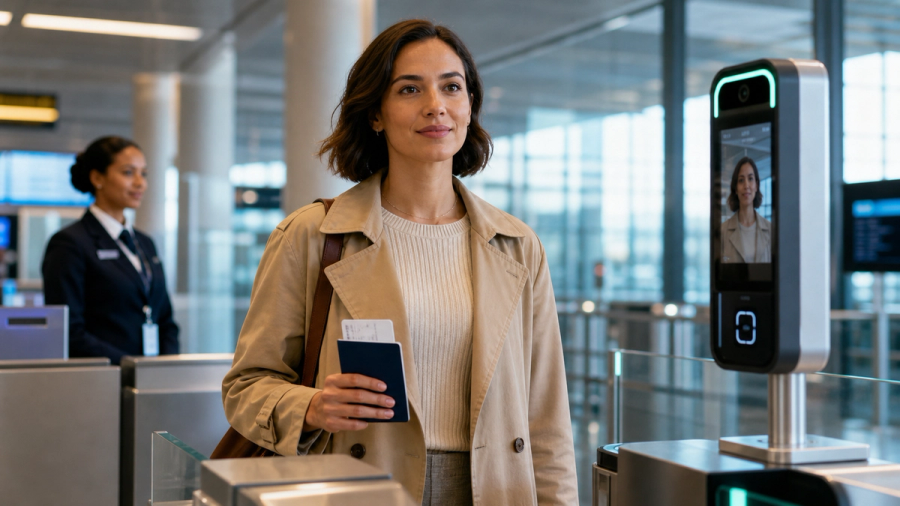 Air traveller approaching a biometric identity lane while keeping passport and boarding pass ready