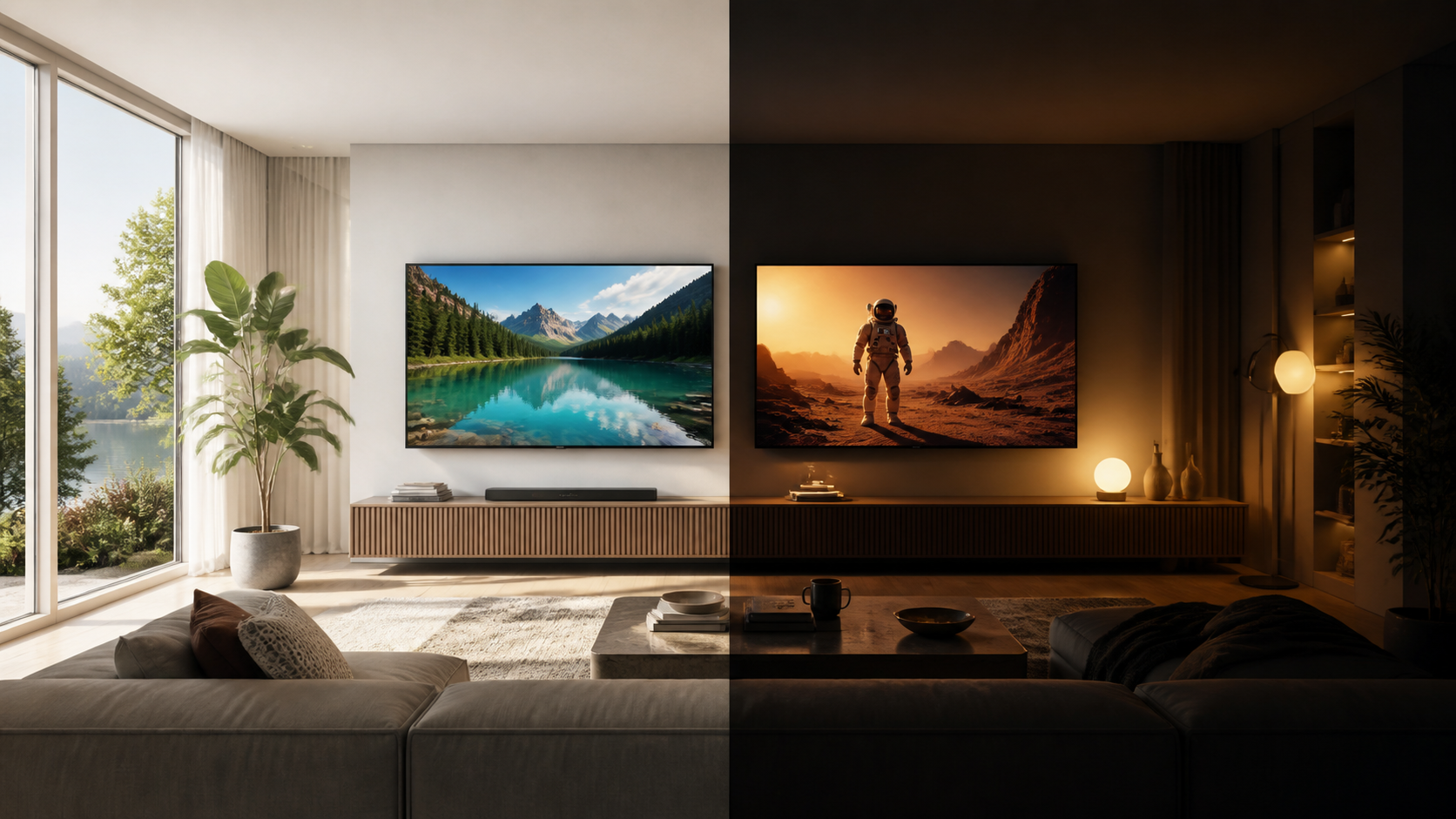 Premium living room comparing Mini-LED in daylight with OLED in a dark cinema setting