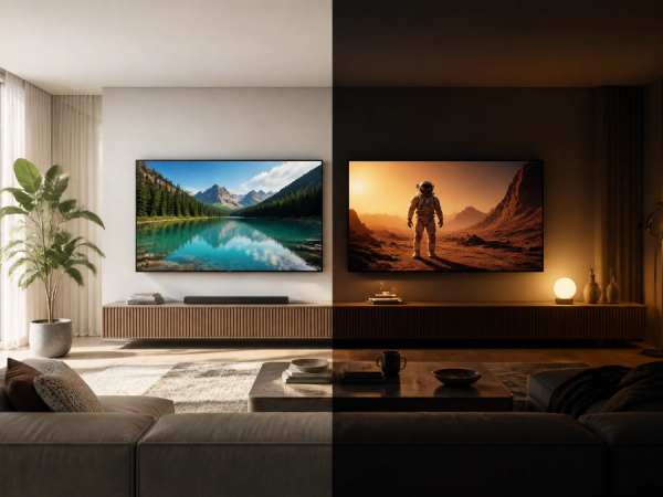 Premium living room comparing Mini-LED in daylight with OLED in a dark cinema setting