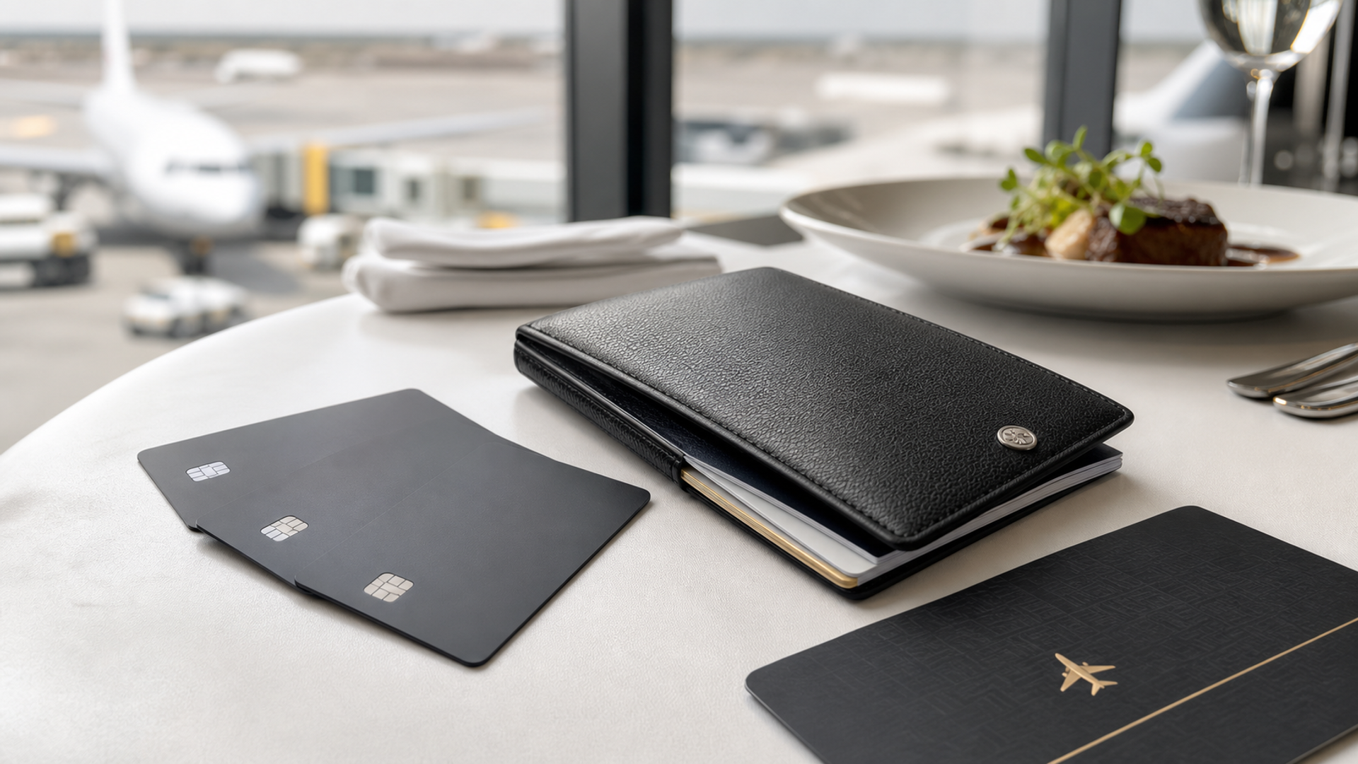A premium travel wallet with three unbranded dark payment cards beside airport, dining and event access cues