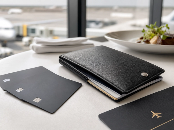 A premium travel wallet with three unbranded dark payment cards beside airport, dining and event access cues