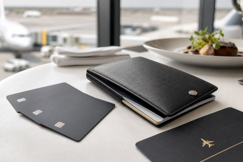 A premium travel wallet with three unbranded dark payment cards beside airport, dining and event access cues