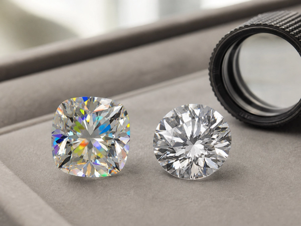 Moissanite and diamond compared side by side under neutral daylight