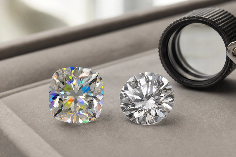Moissanite and diamond compared side by side under neutral daylight