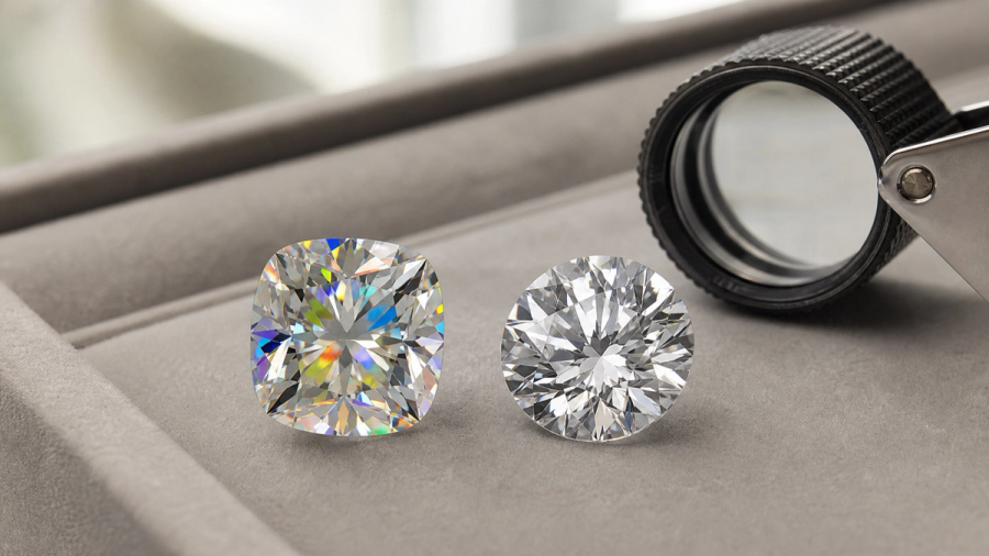 Moissanite and diamond compared side by side under neutral daylight