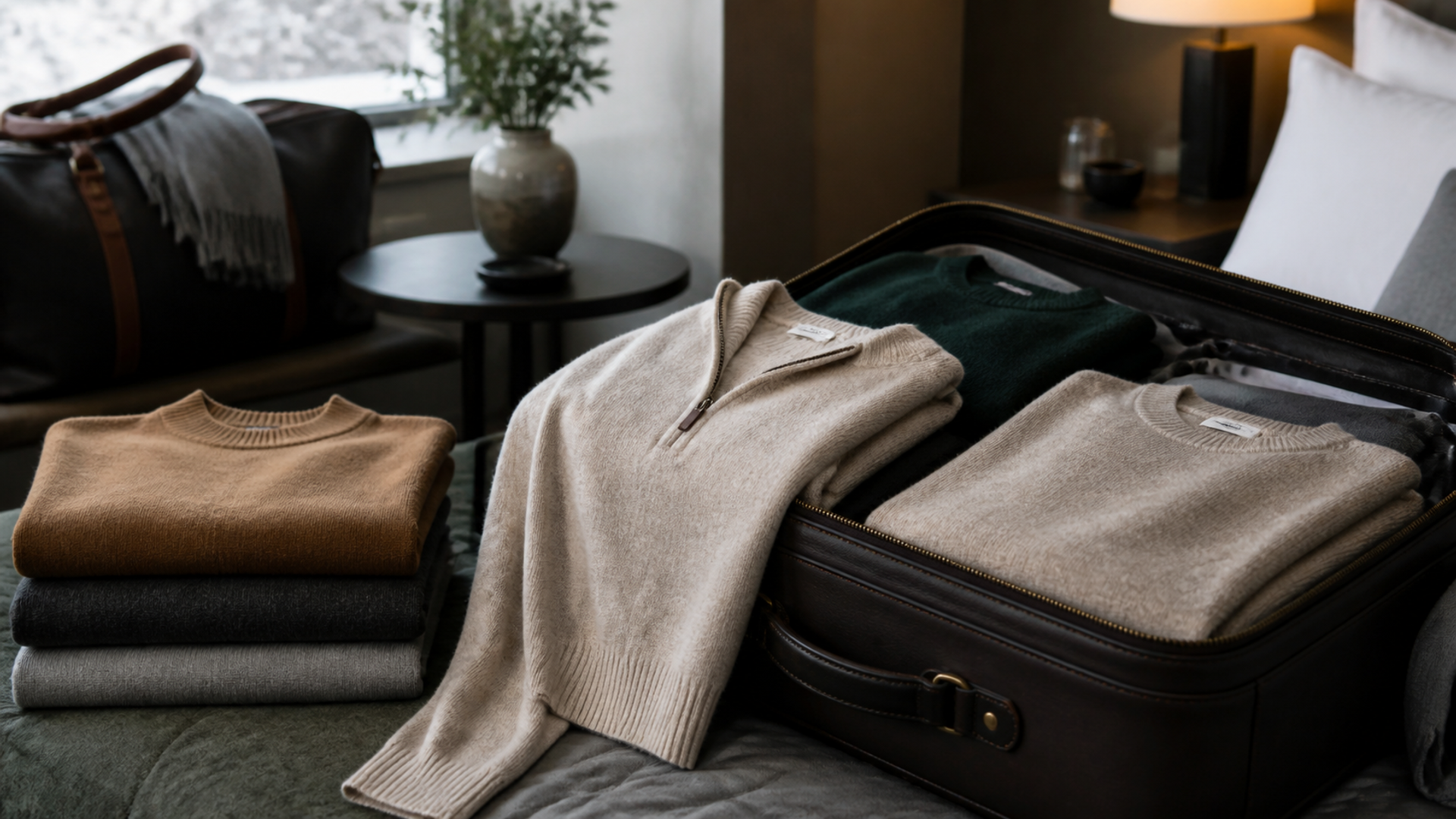 Cashmere and merino layers prepared for luxury travel
