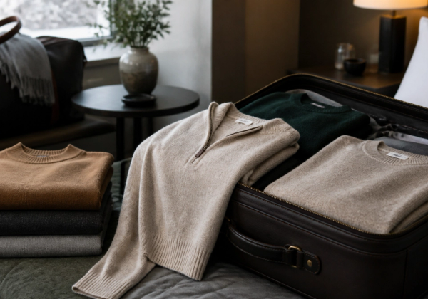 Cashmere and merino layers prepared for luxury travel