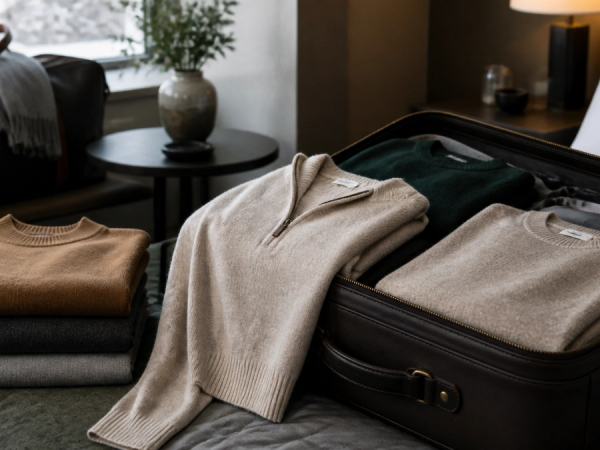 Cashmere and merino layers prepared for luxury travel
