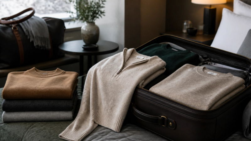 Cashmere and merino layers prepared for luxury travel