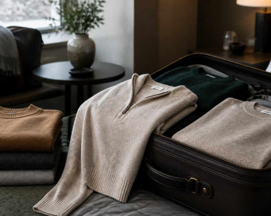 Cashmere and merino layers prepared for luxury travel