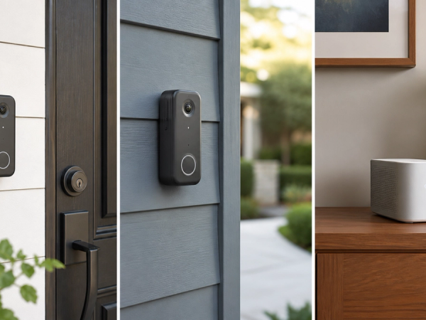 Three subscription-free doorbell storage architectures compared at a home entrance