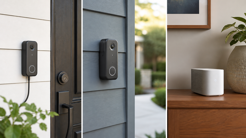 Three subscription-free doorbell storage architectures compared at a home entrance