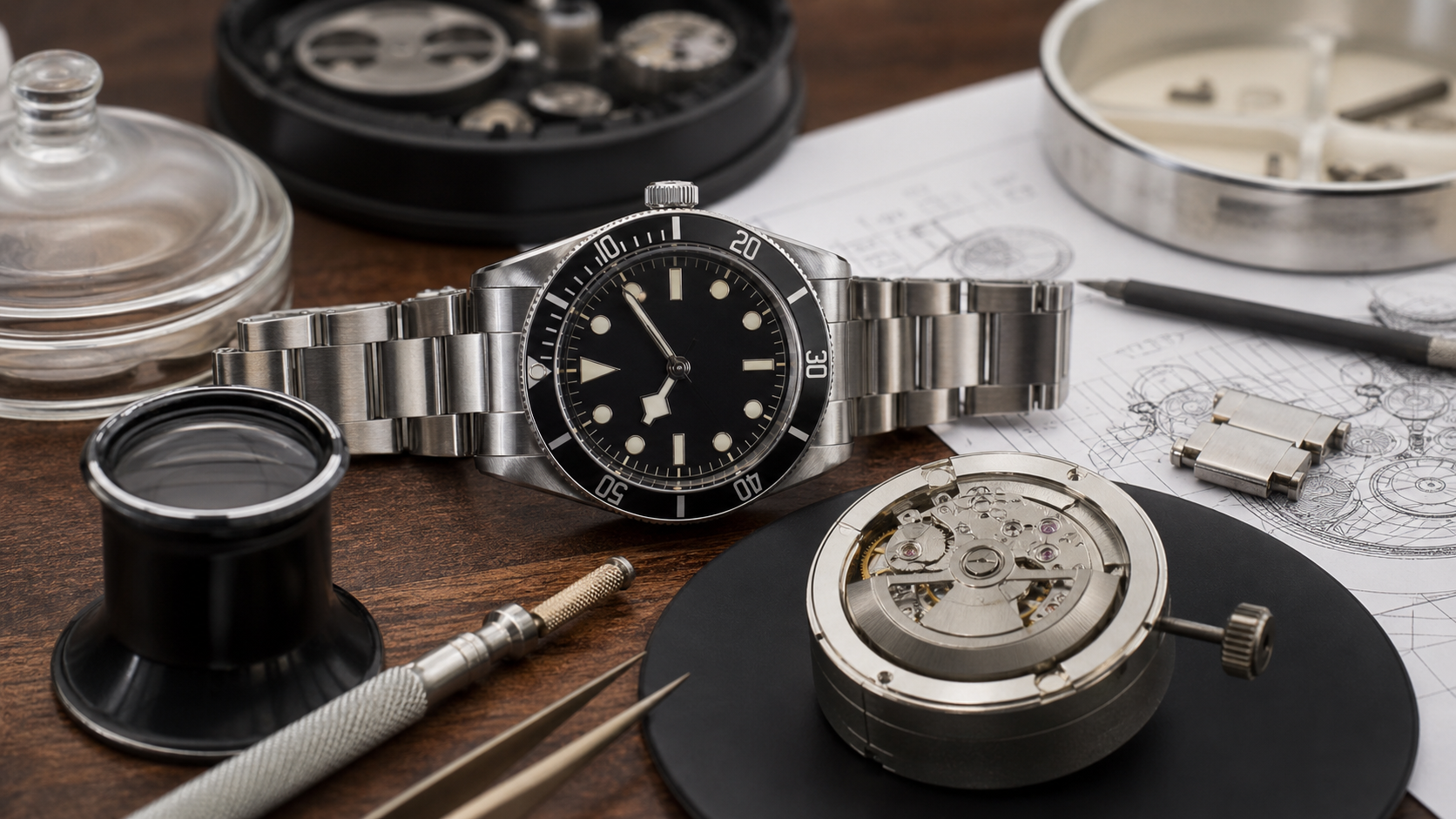 A pre-owned mechanical watch being examined beside service records and bracelet components