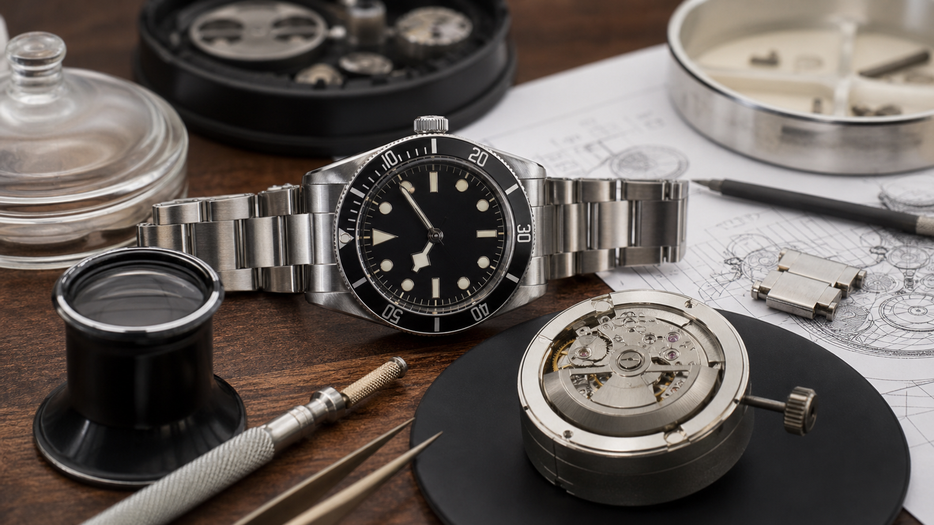 A pre-owned mechanical watch being examined beside service records and bracelet components