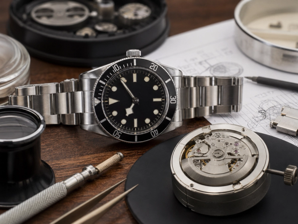 A pre-owned mechanical watch being examined beside service records and bracelet components