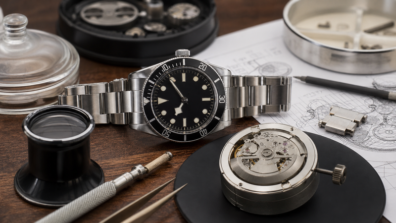 A pre-owned mechanical watch being examined beside service records and bracelet components