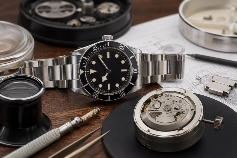 Eine gebrauchte mechanische Uhr, die neben Serviceunterlagen und Armbandteilen geprüft wird