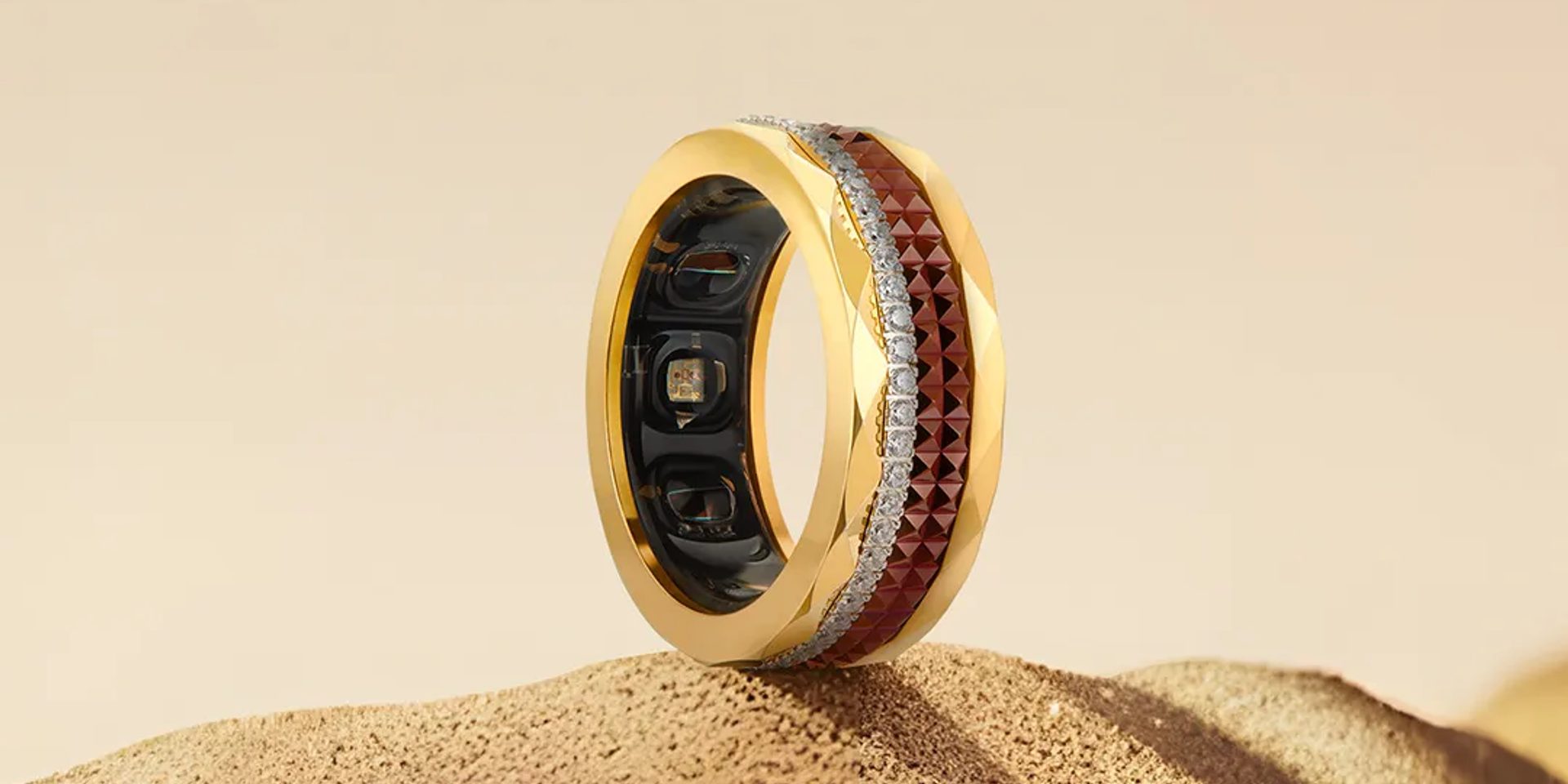 A close-up of the textured gold finish on a luxury ring.