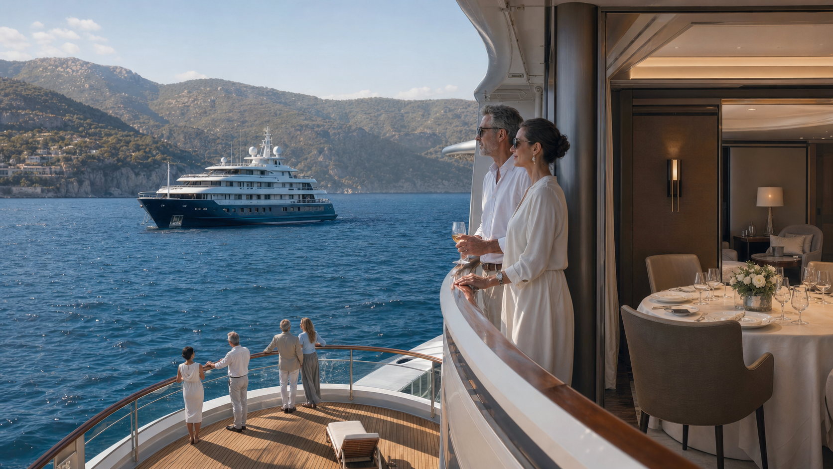 Luxury adult cruise experiences combining a suite balcony, refined dining and an expedition deck