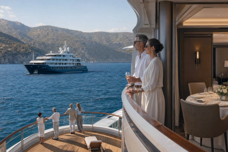 Luxury adult cruise experiences combining a suite balcony, refined dining and an expedition deck
