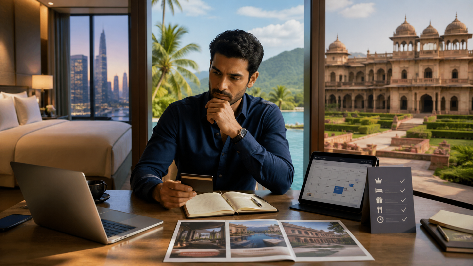 Luxury traveller comparing city, resort and heritage hotel stays with a loyalty benefit checklist