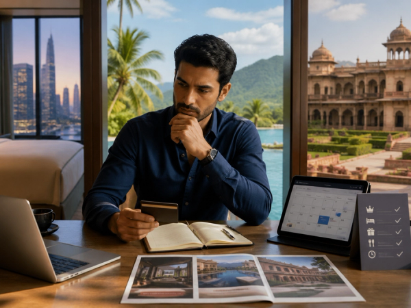Luxury traveller comparing city, resort and heritage hotel stays with a loyalty benefit checklist