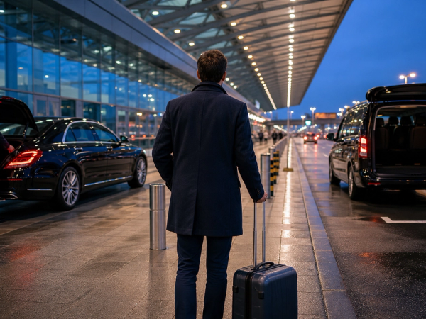 A traveller choosing between an airport chauffeur and a private transfer at arrivals