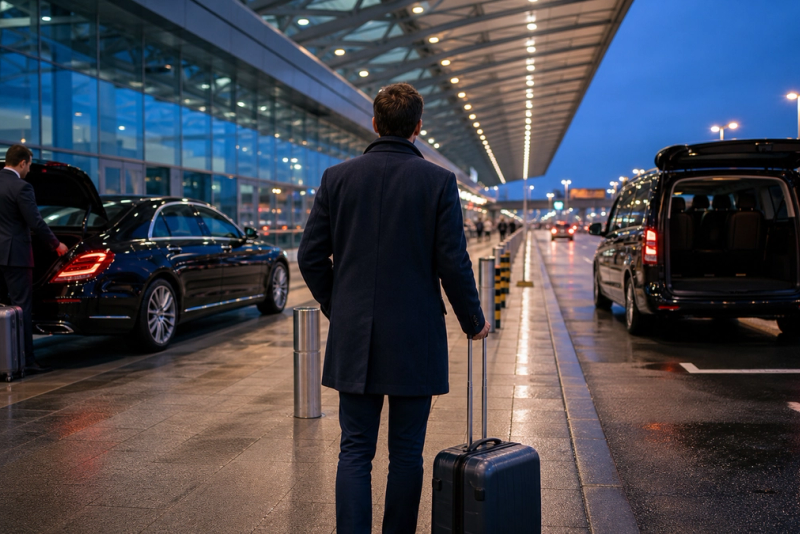A traveller choosing between an airport chauffeur and a private transfer at arrivals