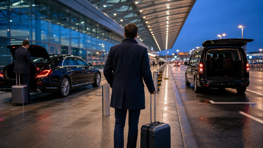 A traveller choosing between an airport chauffeur and a private transfer at arrivals
