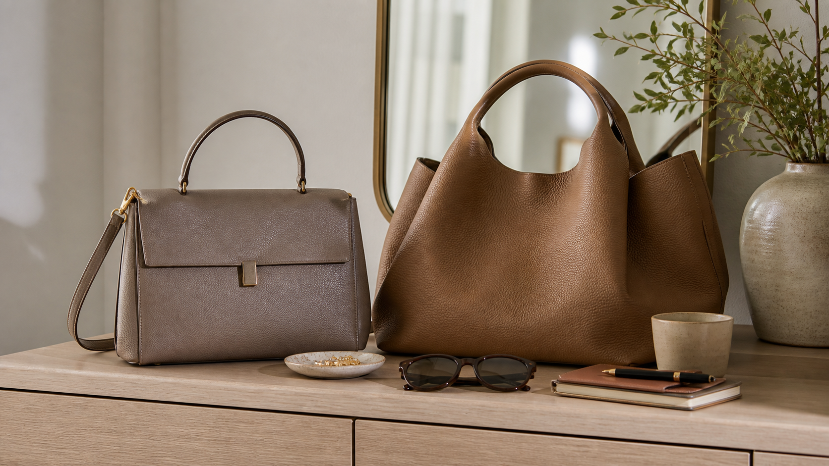 Structured shoulder-strap top-handle bag and open-handled leather tote compared
