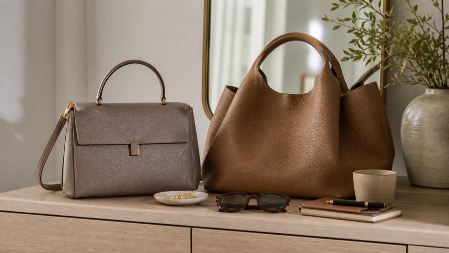 Structured shoulder-strap top-handle bag and open-handled leather tote compared