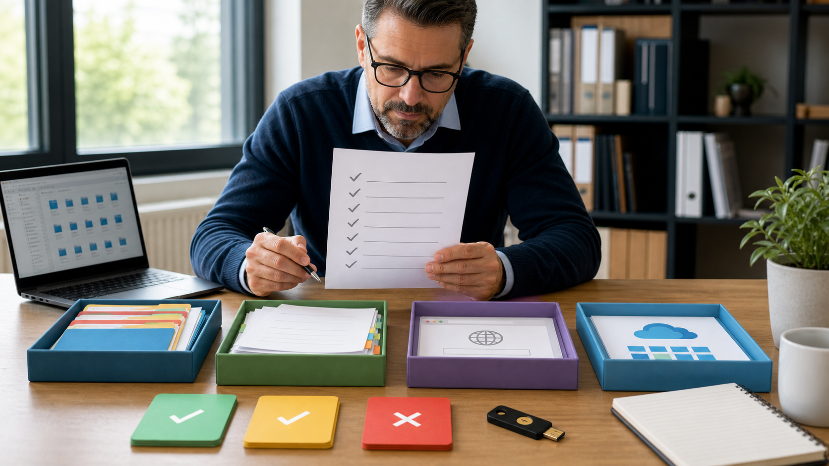 A security lead reviewing a twelve-point AI agent permissions checklist beside isolated application and data connections
