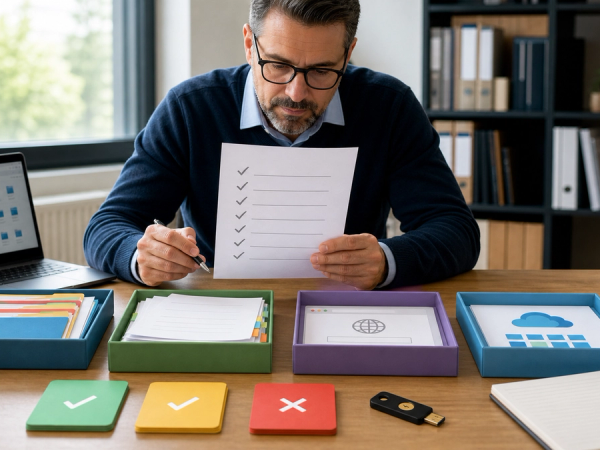 A security lead reviewing a twelve-point AI agent permissions checklist beside isolated application and data connections