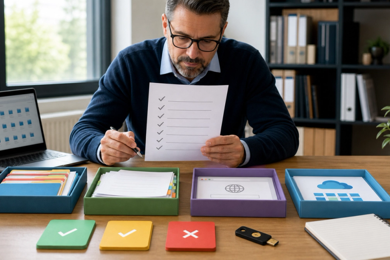 A security lead reviewing a twelve-point AI agent permissions checklist beside isolated application and data connections