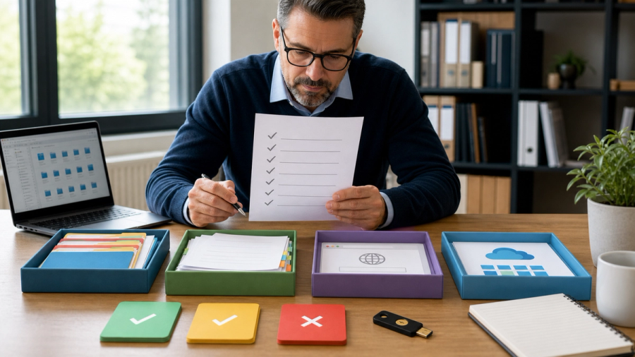 A security lead reviewing a twelve-point AI agent permissions checklist beside isolated application and data connections