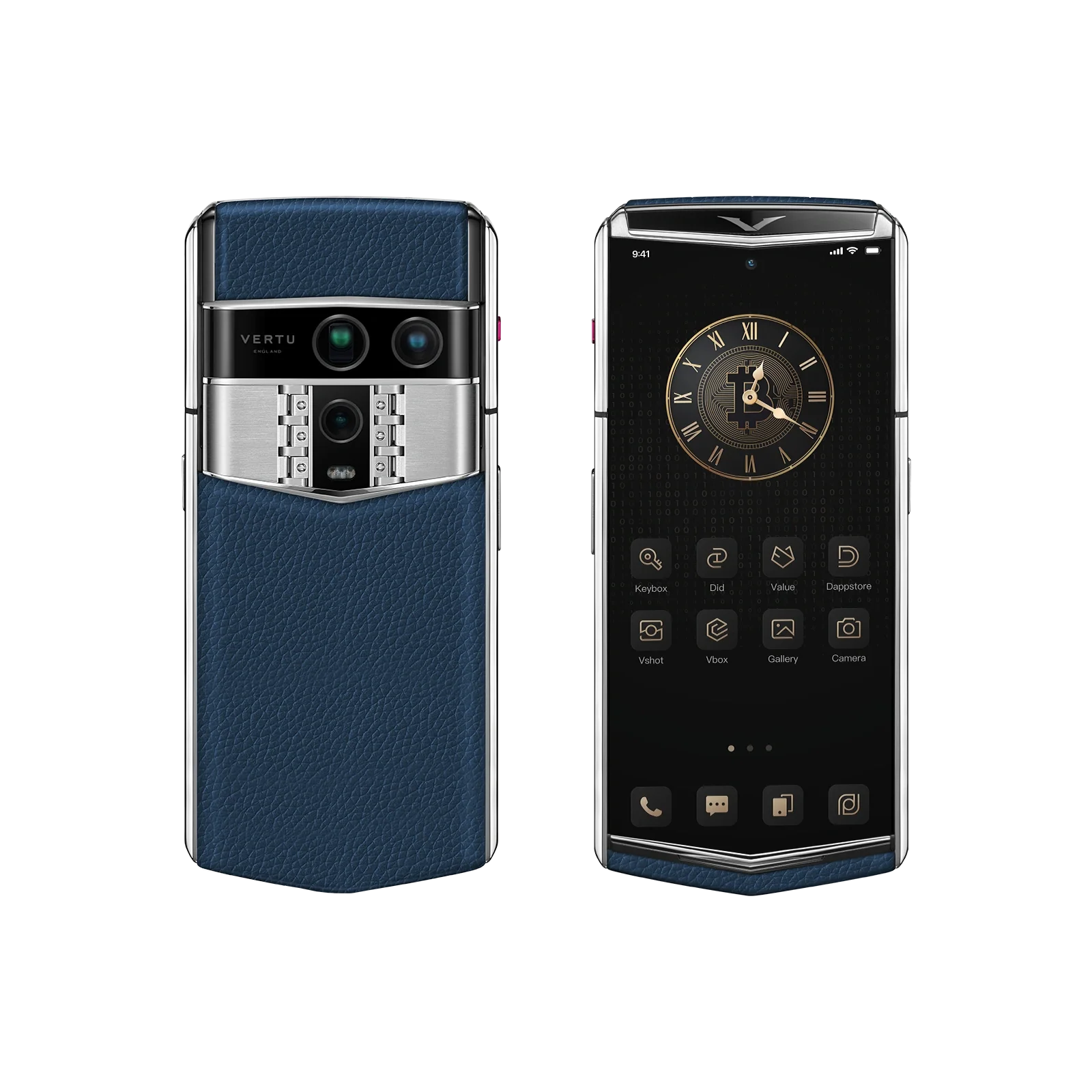 The VERTU Agent Q held in hand, showcasing its ergonomic form and the ruby side key.
