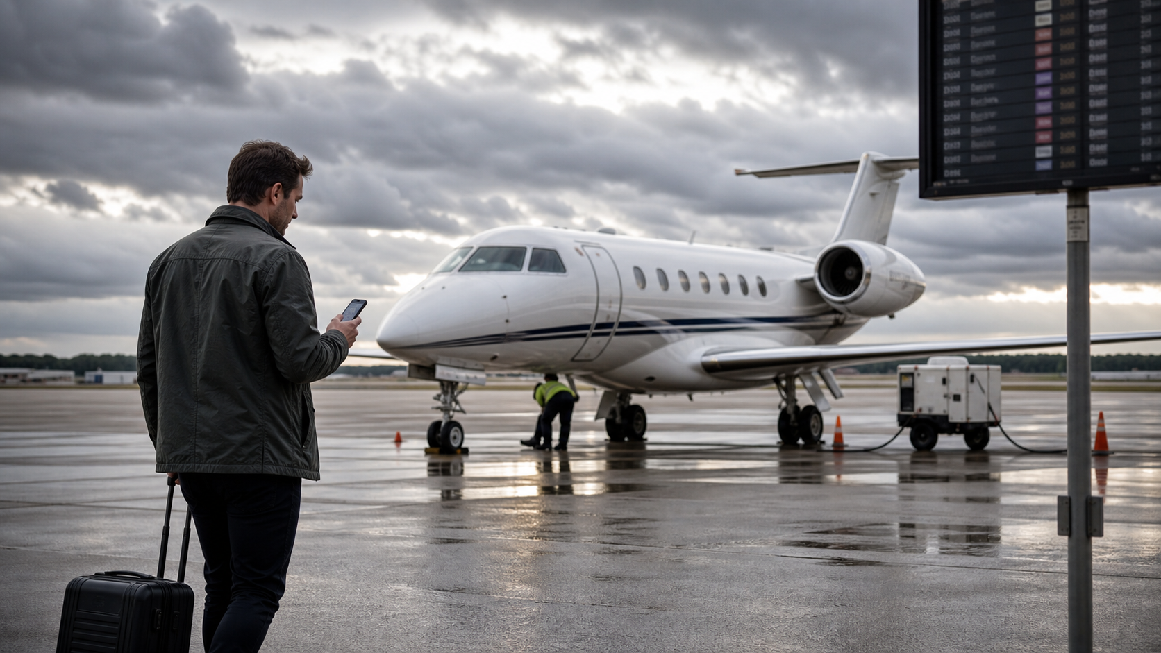 Traveller evaluating an empty-leg private jet departure at a regional airport