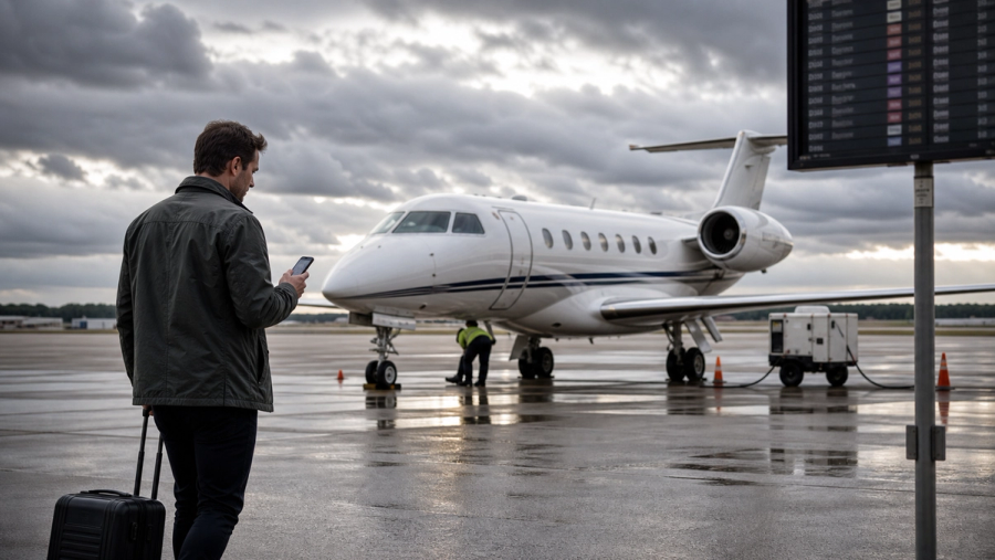 Traveller evaluating an empty-leg private jet departure at a regional airport