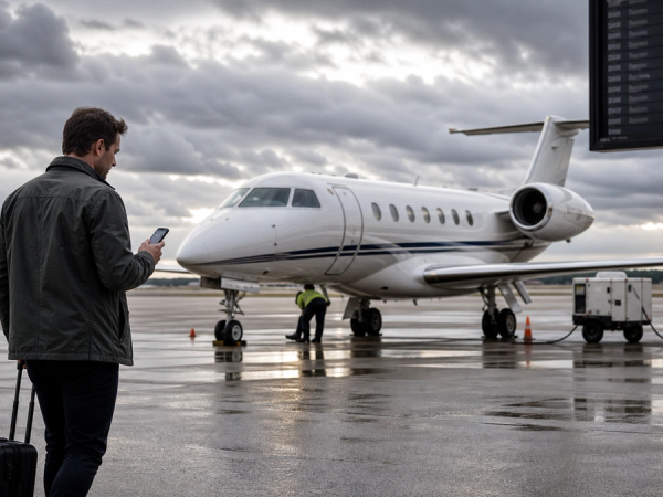 Traveller evaluating an empty-leg private jet departure at a regional airport