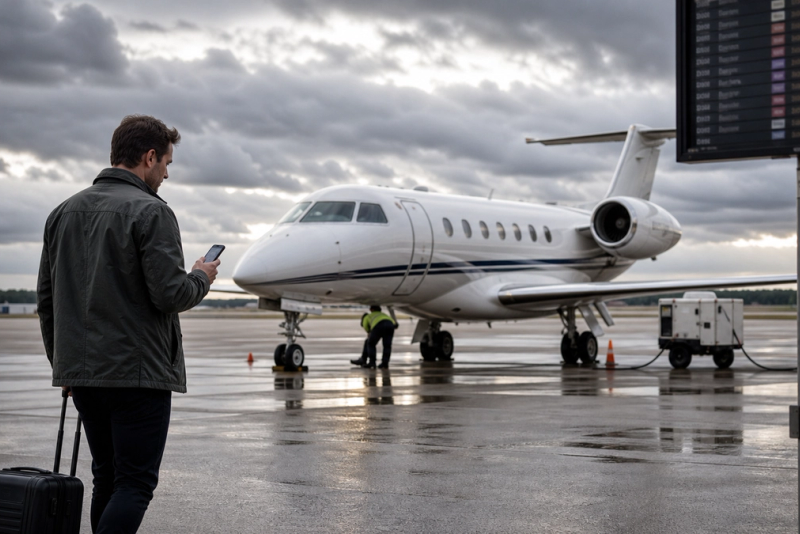 Traveller evaluating an empty-leg private jet departure at a regional airport