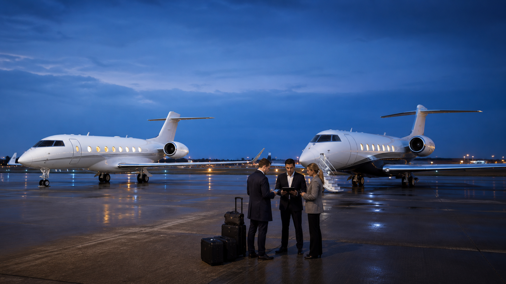 Two ultra-long-range business jets compared by a flight operations team on an airport ramp
