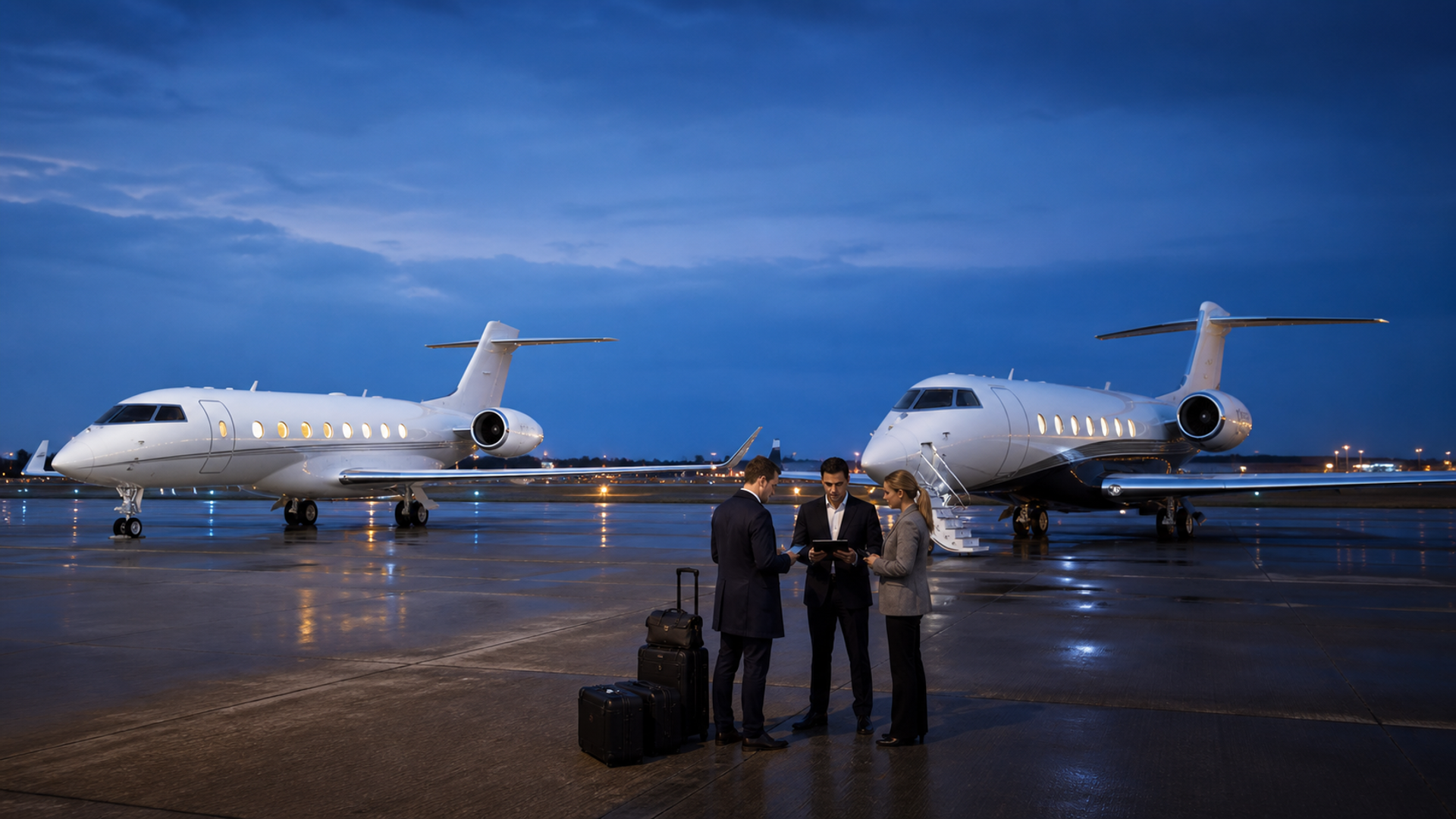 Two ultra-long-range business jets compared by a flight operations team on an airport ramp