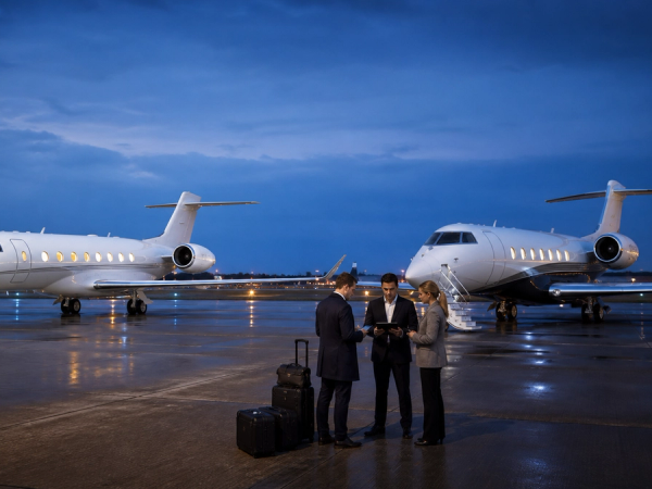 Two ultra-long-range business jets compared by a flight operations team on an airport ramp