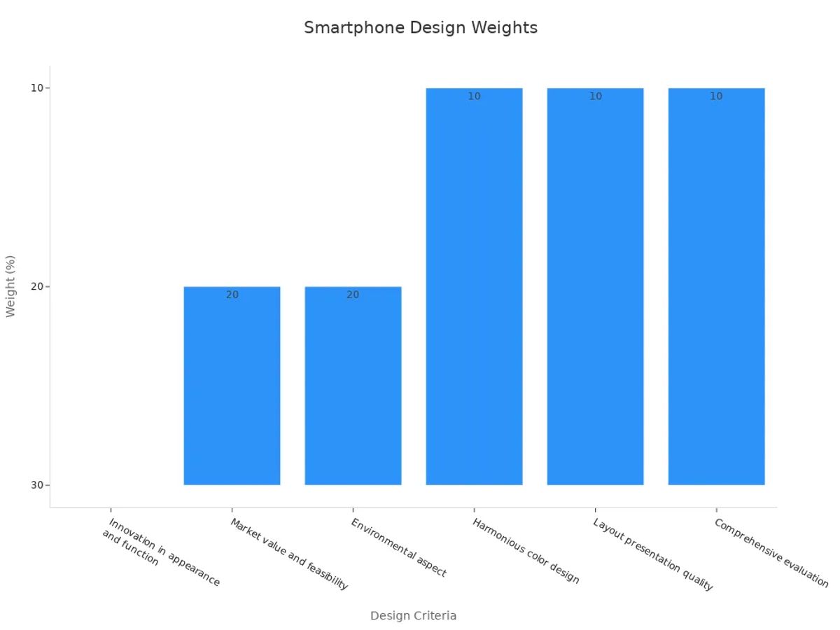 A bar chart displaying weight percentages for various smartphone design criteria