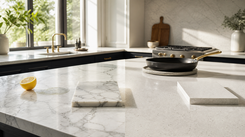 Marble vs Quartz Countertop shown as a practical side-by-side comparison
