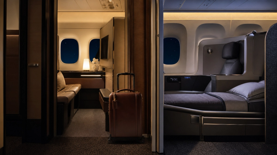 A first-class suite and business-class flat-bed cabin shown side by side on a long-haul aircraft
