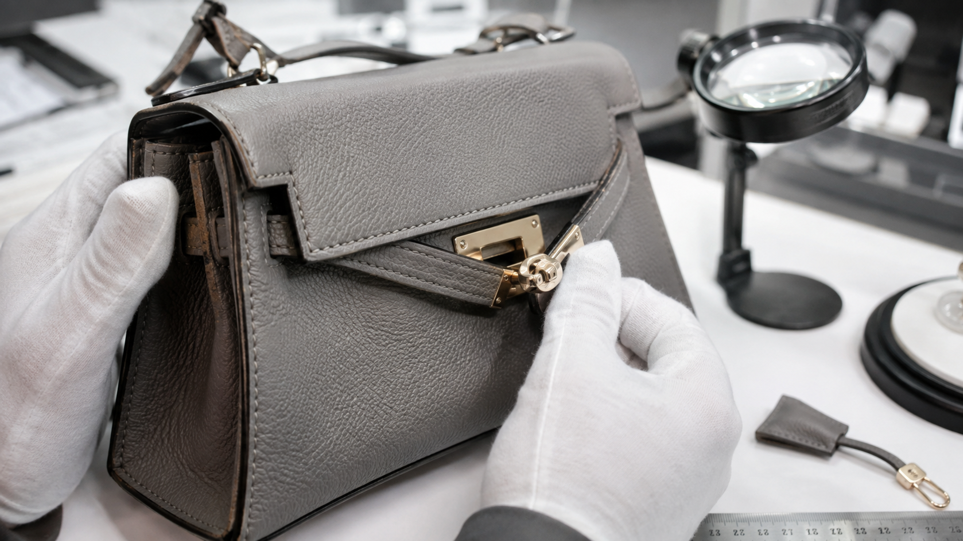 Designer handbag inspected with magnification for construction, hardware and authenticity evidence