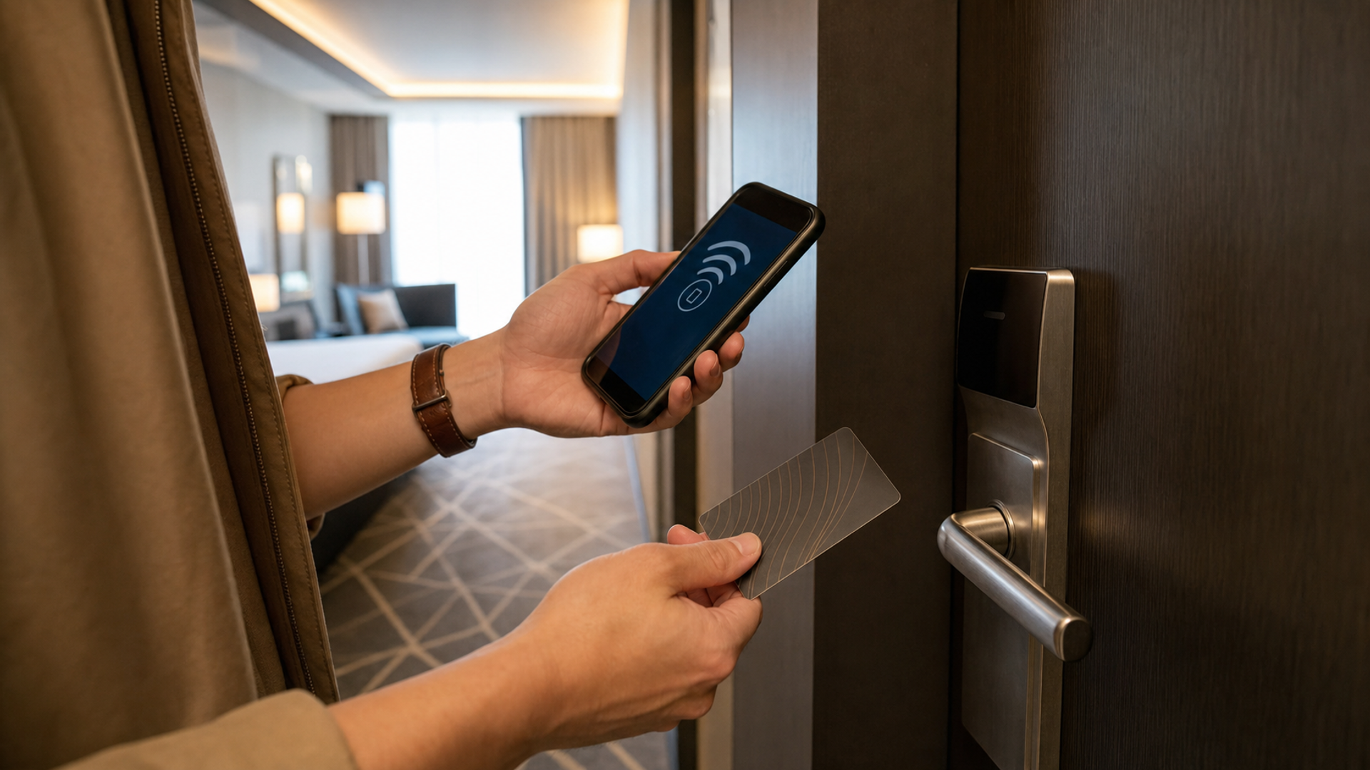 A traveller holding a smartphone hotel key beside a physical room key card at a hotel door